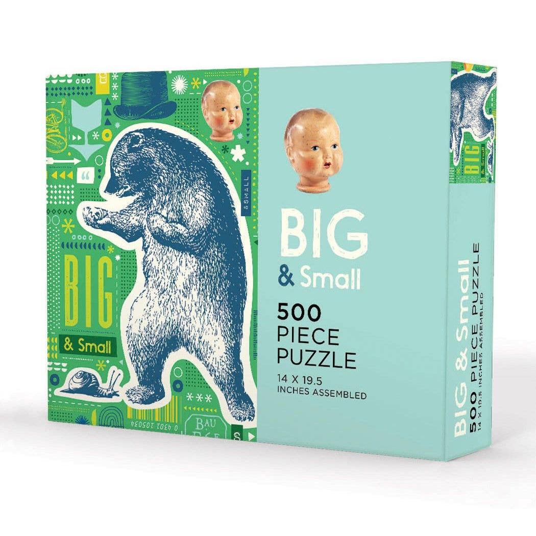 Box of a 500 piece puzzle titled 'Big & Small' with illustrations on a white background