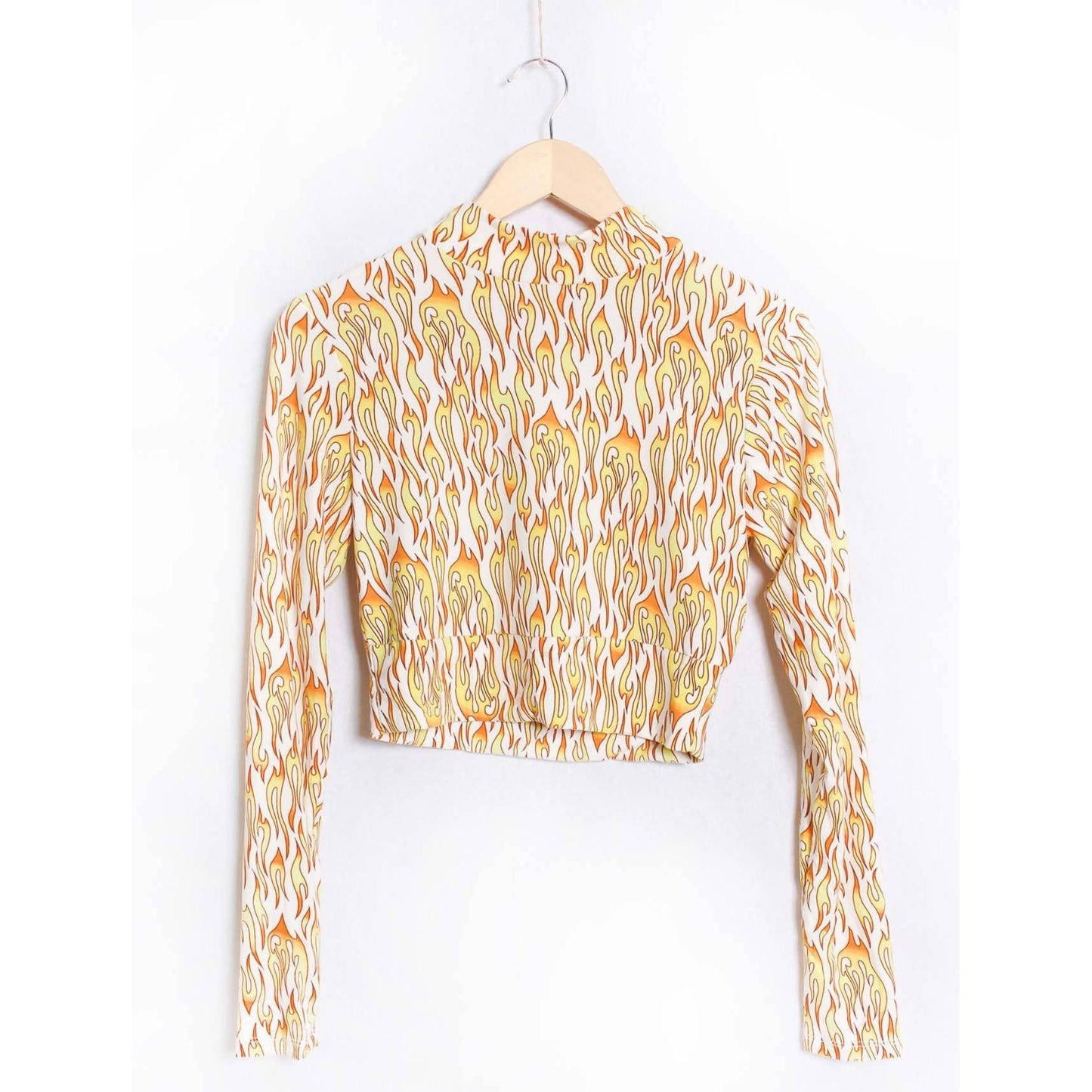 Biker Flame Mock Neck Long Sleeve Crop Top | Bold Printed Fitted Top [Sizes S–XL]