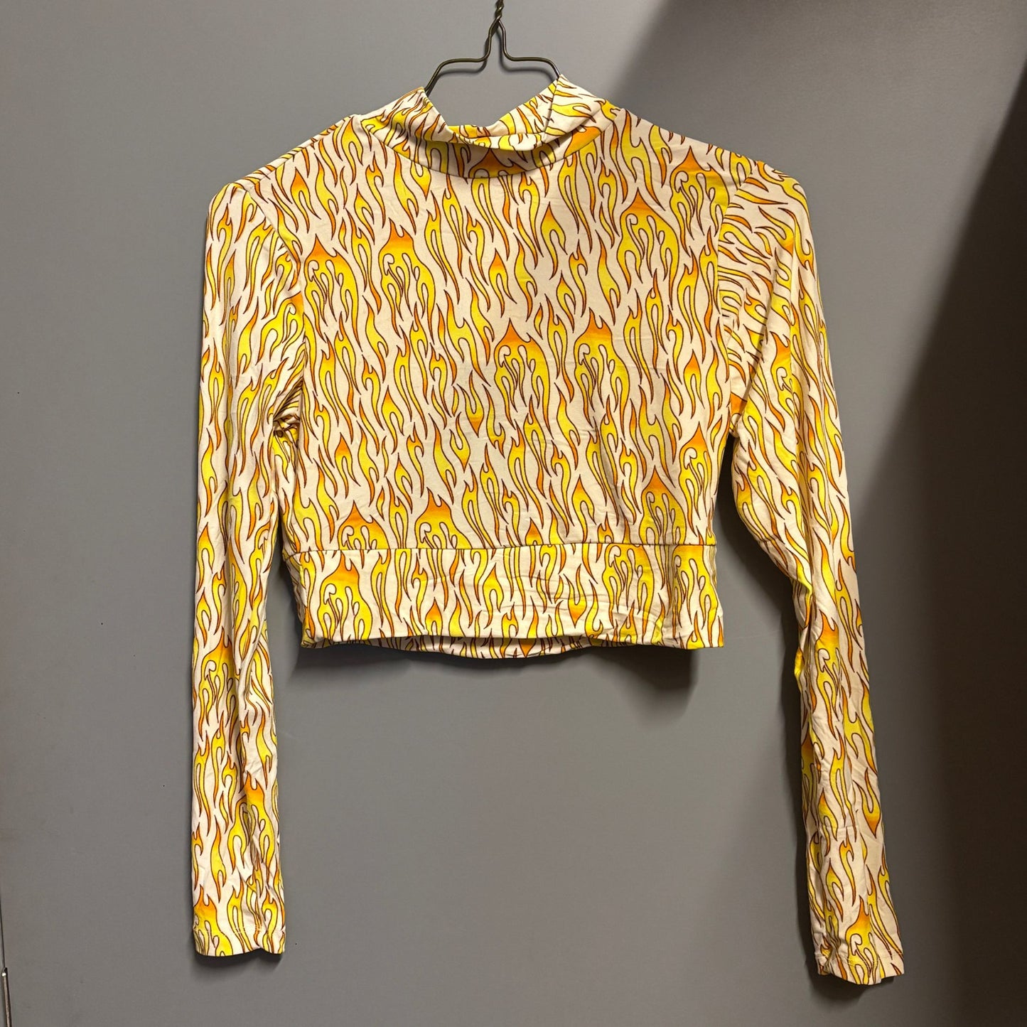 Biker Flame Mock Neck Long Sleeve Crop Top | Bold Printed Fitted Top [Sizes S–XL]