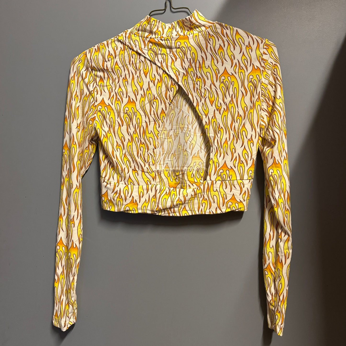 Biker Flame Mock Neck Long Sleeve Crop Top | Bold Printed Fitted Top [Sizes S–XL]