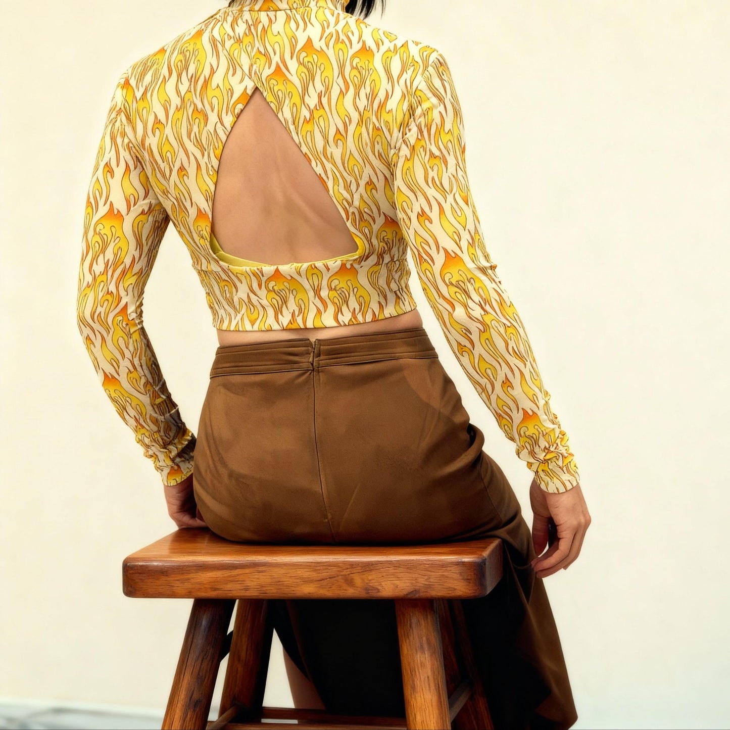 Biker Flame Mock Neck Long Sleeve Crop Top | Bold Printed Fitted Top [Sizes S–XL]