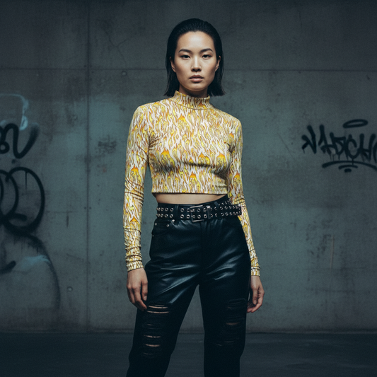 Biker Flame Mock Neck Long Sleeve Crop Top | Bold Printed Fitted Top [Sizes S–XL]