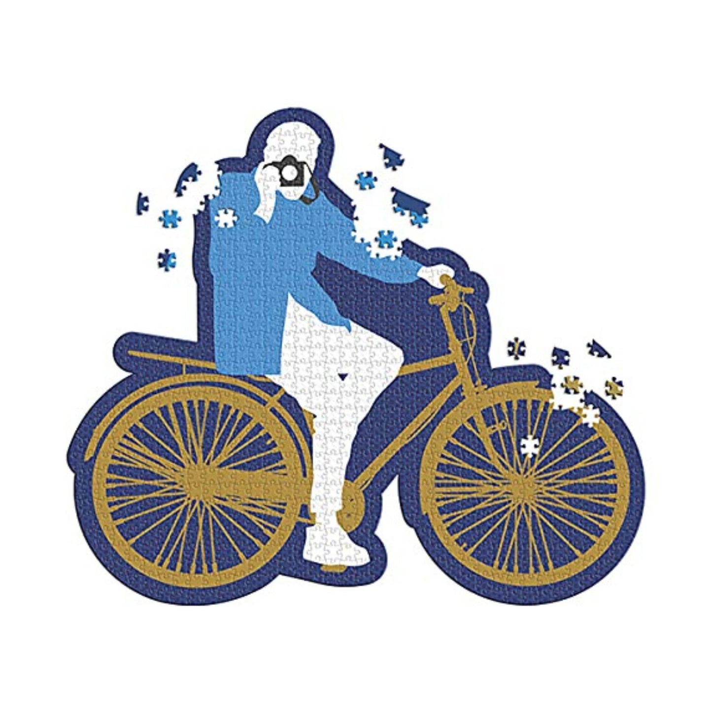 Jigsaw puzzle piece with a person on a bicycle, blue and gold colors.