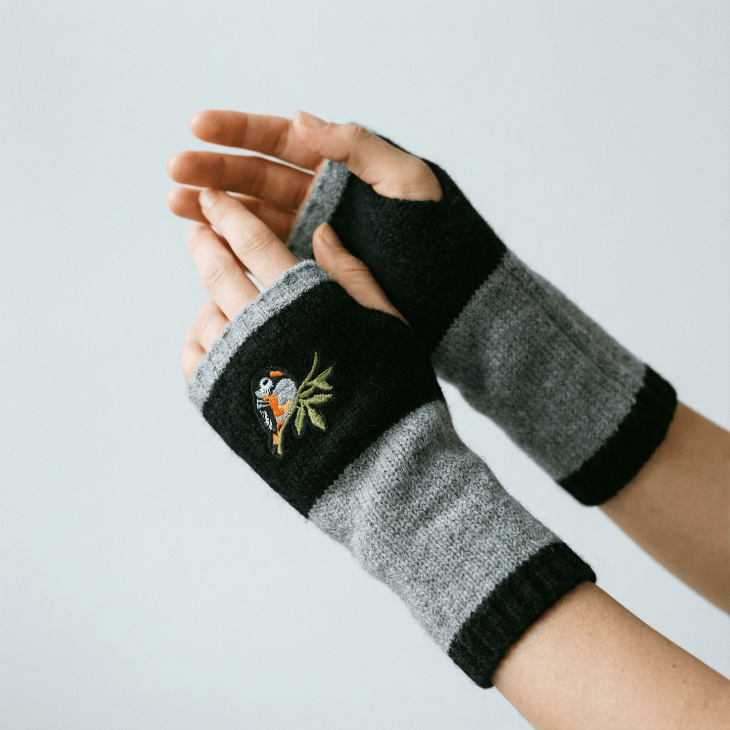 Bird Applique Arm Warmers | Fingerless Gloves in Black, Pink, or Green
