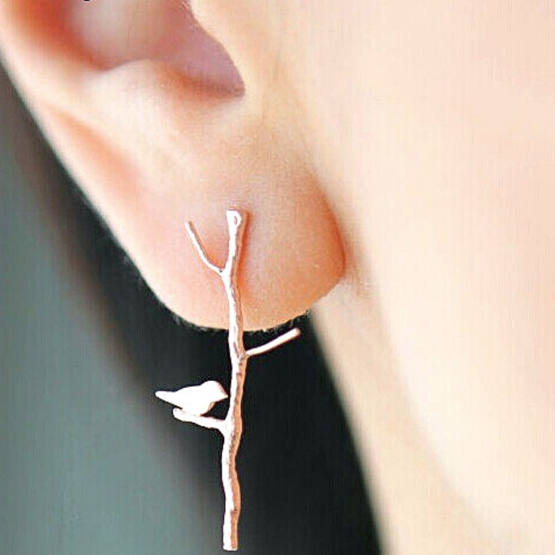 Bird and Twig Earrings in Gold