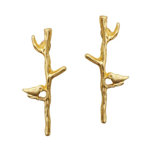 Bird and Twig Earrings in Gold