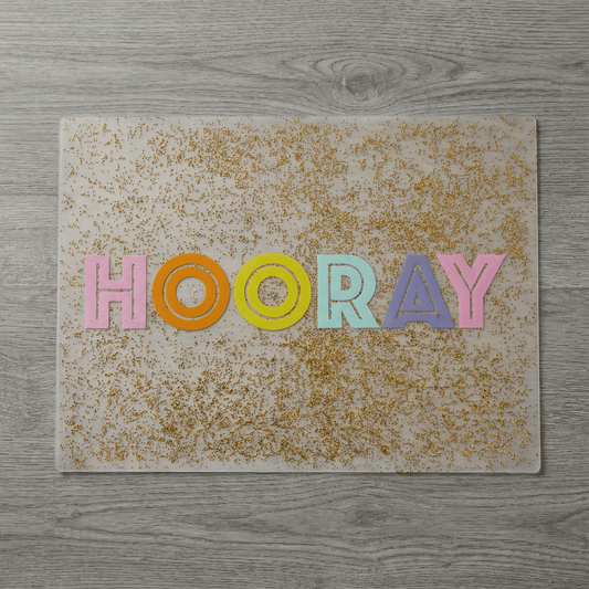 Birthday Girl/Boy "Hooray" Glitter Confetti Single Placemat | Reusable Vinyl Table Place Mat for Birthday Parties