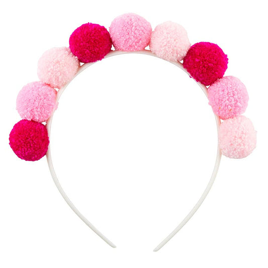 Birthday Pom Pom Headband in Red Light Dark Pink Fluffy Balls | Cute Party Hairband