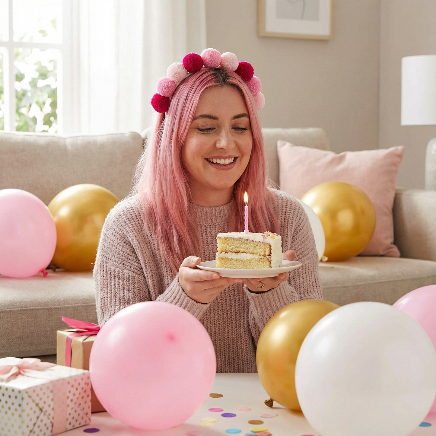 Birthday Pom Pom Headband in Red and Pink
