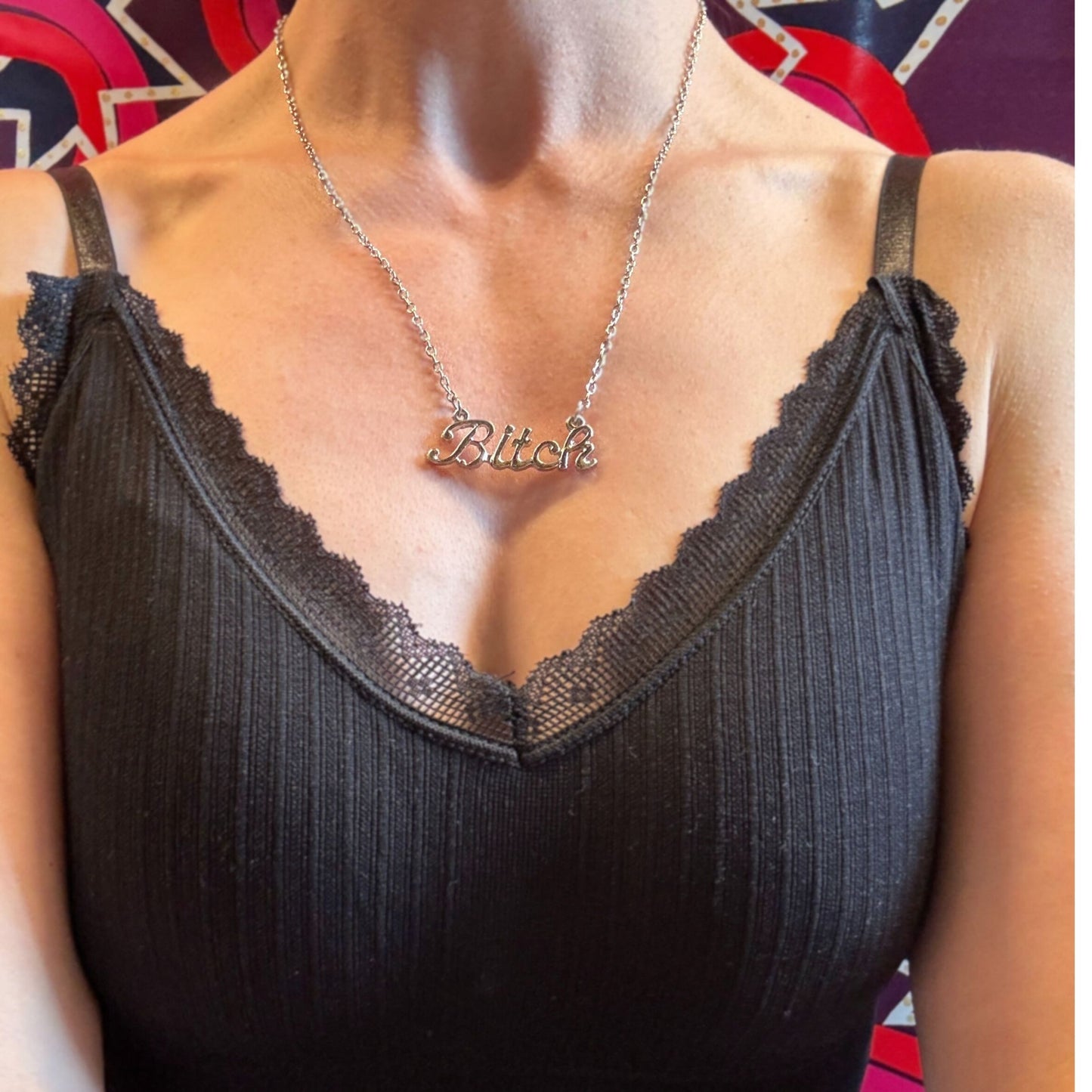 Bitch Script Nameplate Necklace in Silver