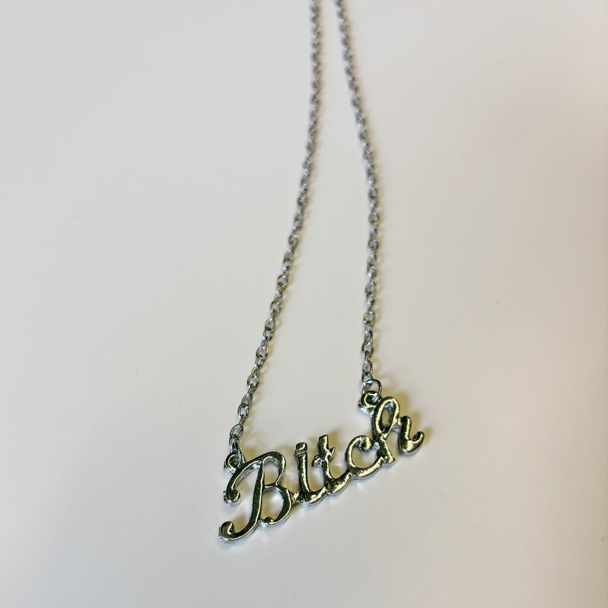 Bitch Script Nameplate Necklace in Silver