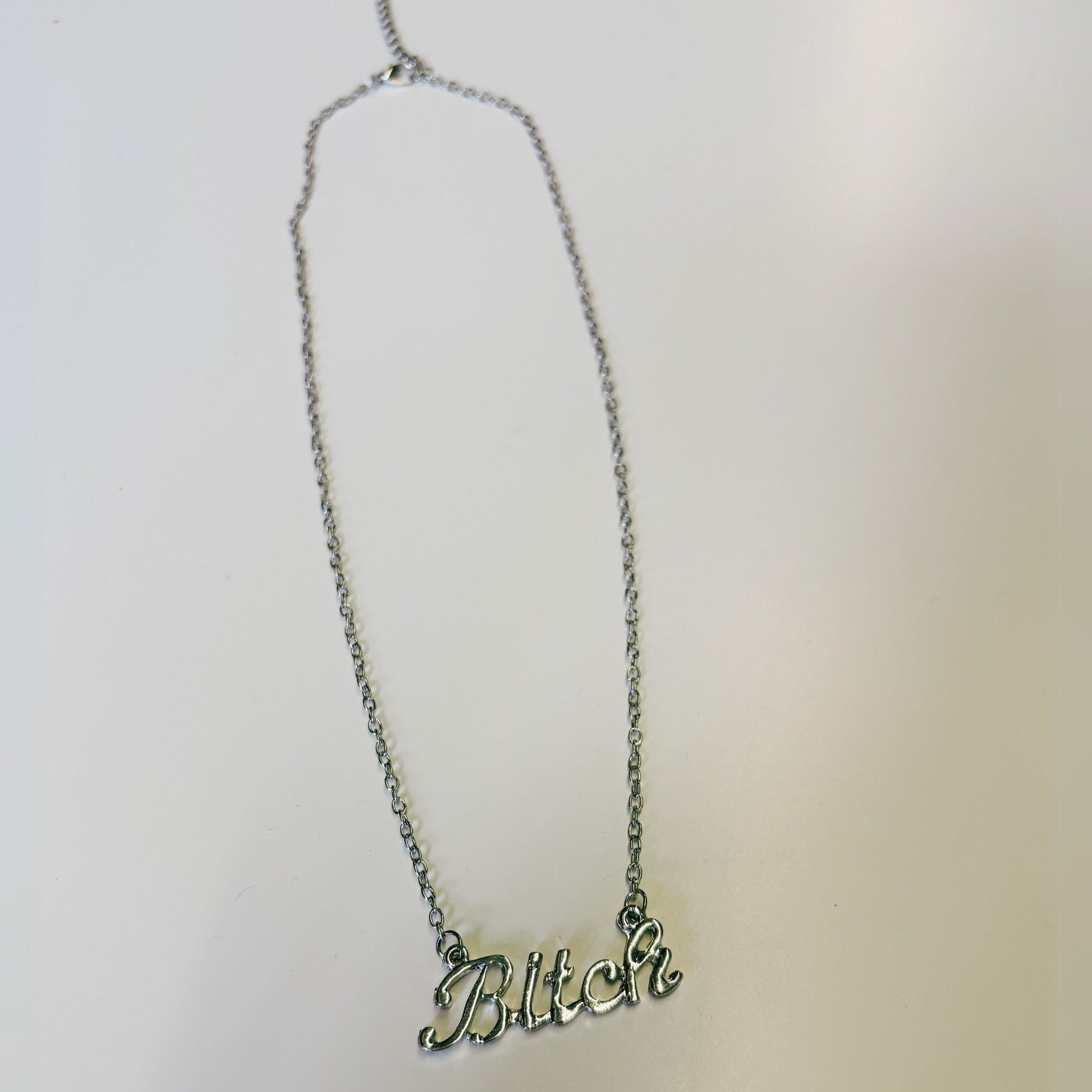 Bitch Script Nameplate Necklace in Silver
