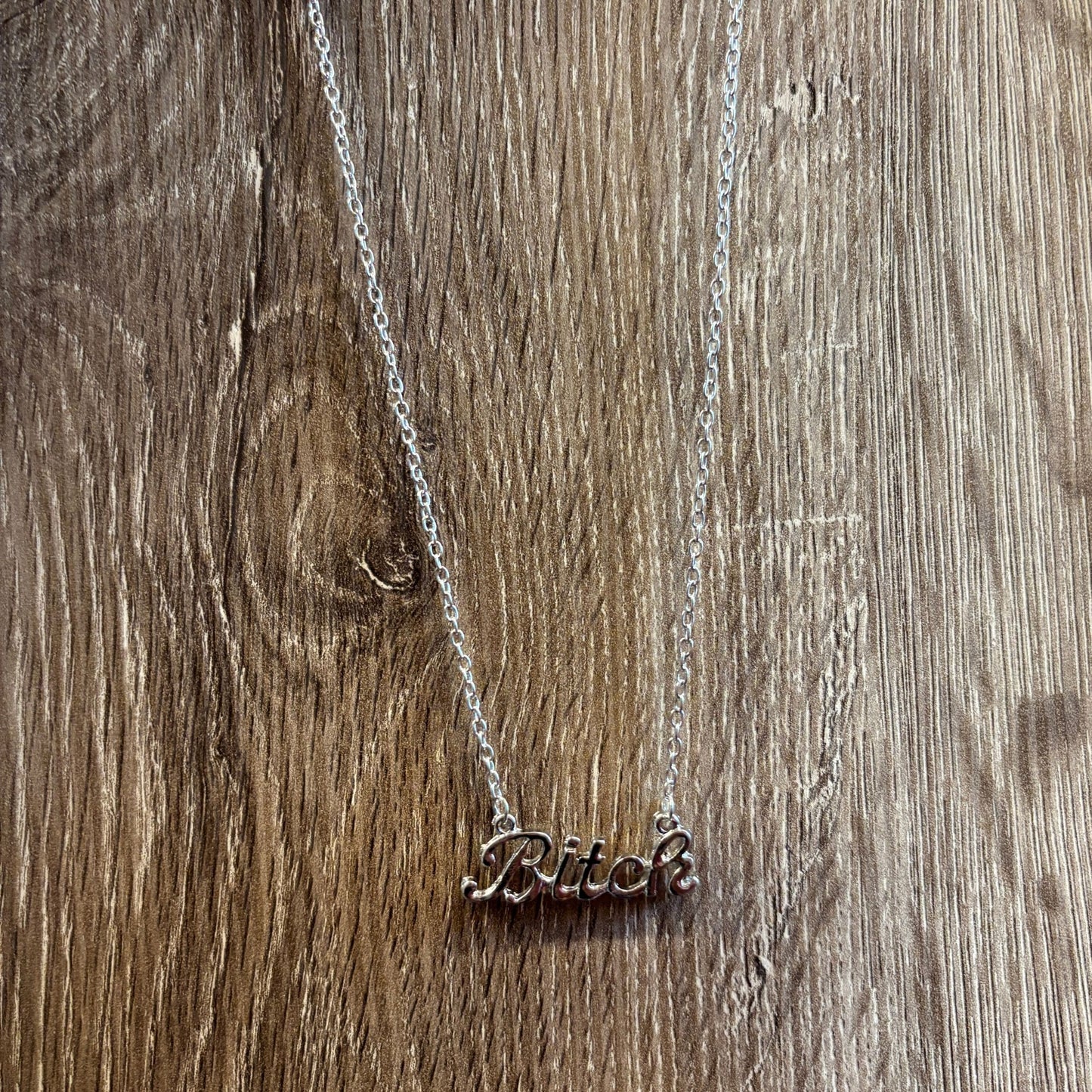 Bitch Script Nameplate Necklace in Silver