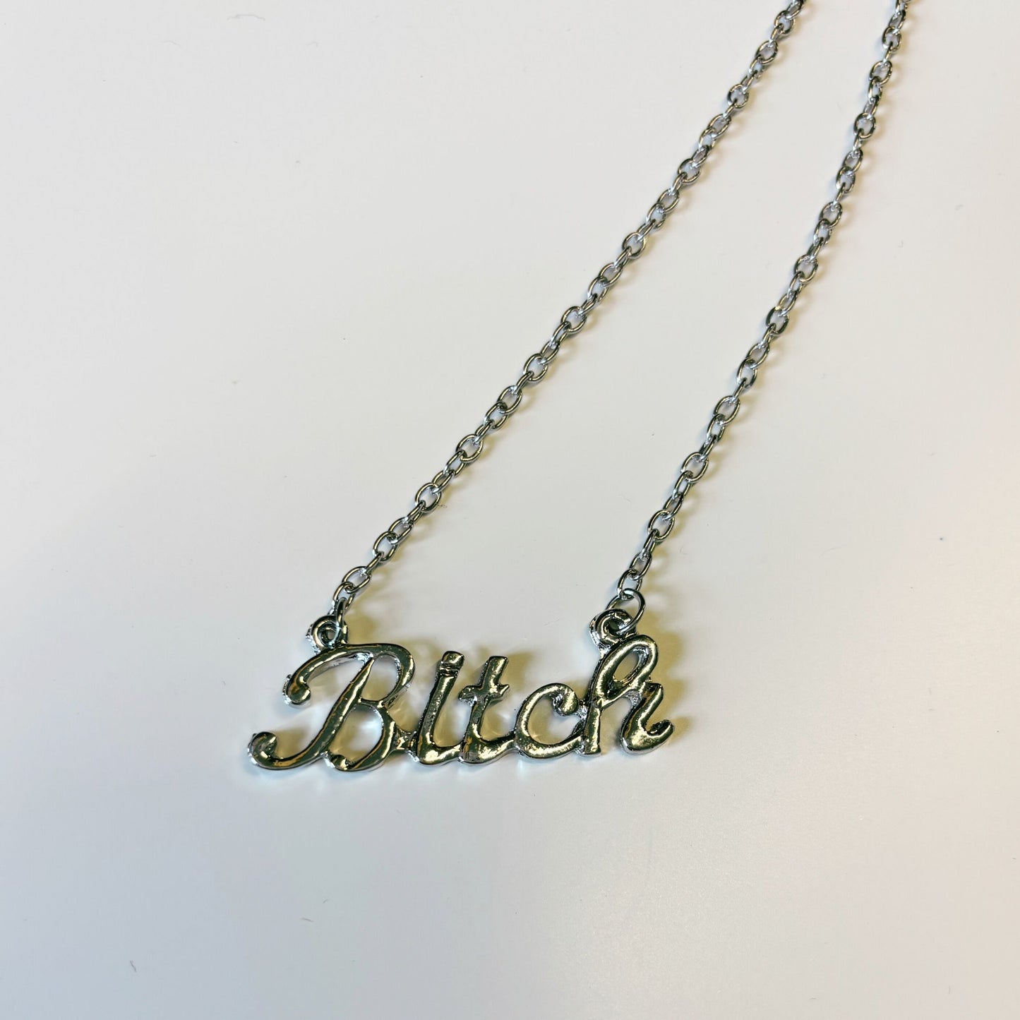 Bitch Script Nameplate Necklace in Silver