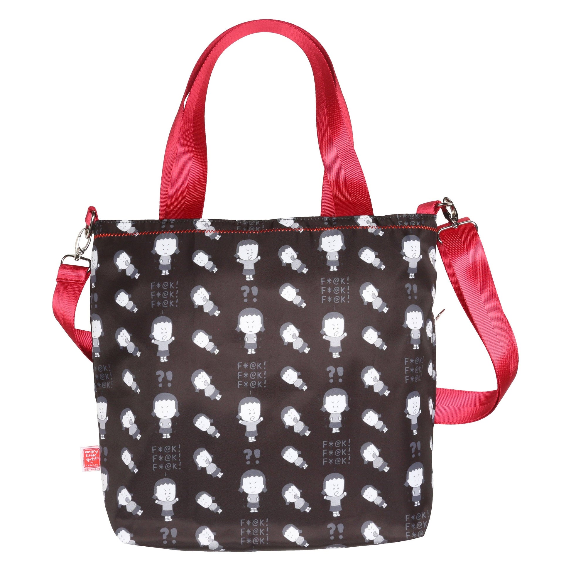 Black "Angry Little Girls F@*K F@*K F@*K" Pattern Tote Cross Body Bag | Sling Handbag | 38" x 32"