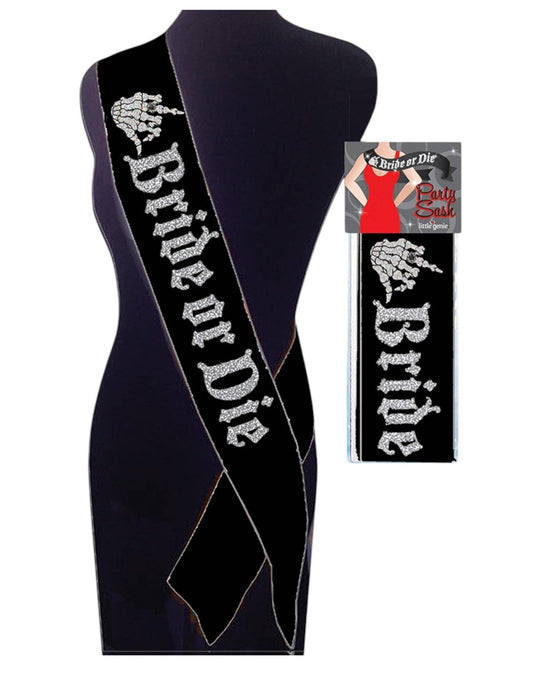 Black sash with 'Bride or Die' text on a mannequin