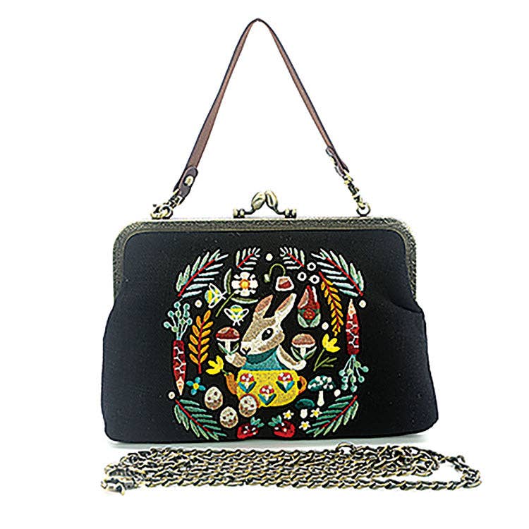 Black Bunny Kisslock Bag in Cotton-Linen Blend