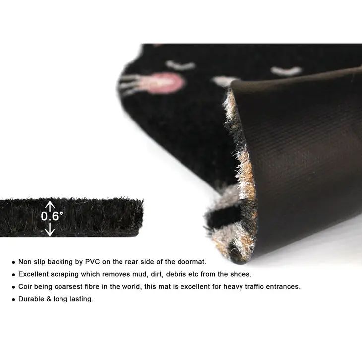 Black Cat Doormat in Natural Coir | Non-Slip Backing 18" X 28"