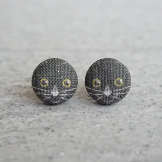 Black Cat Fabric Button Earrings | Handmade in the US