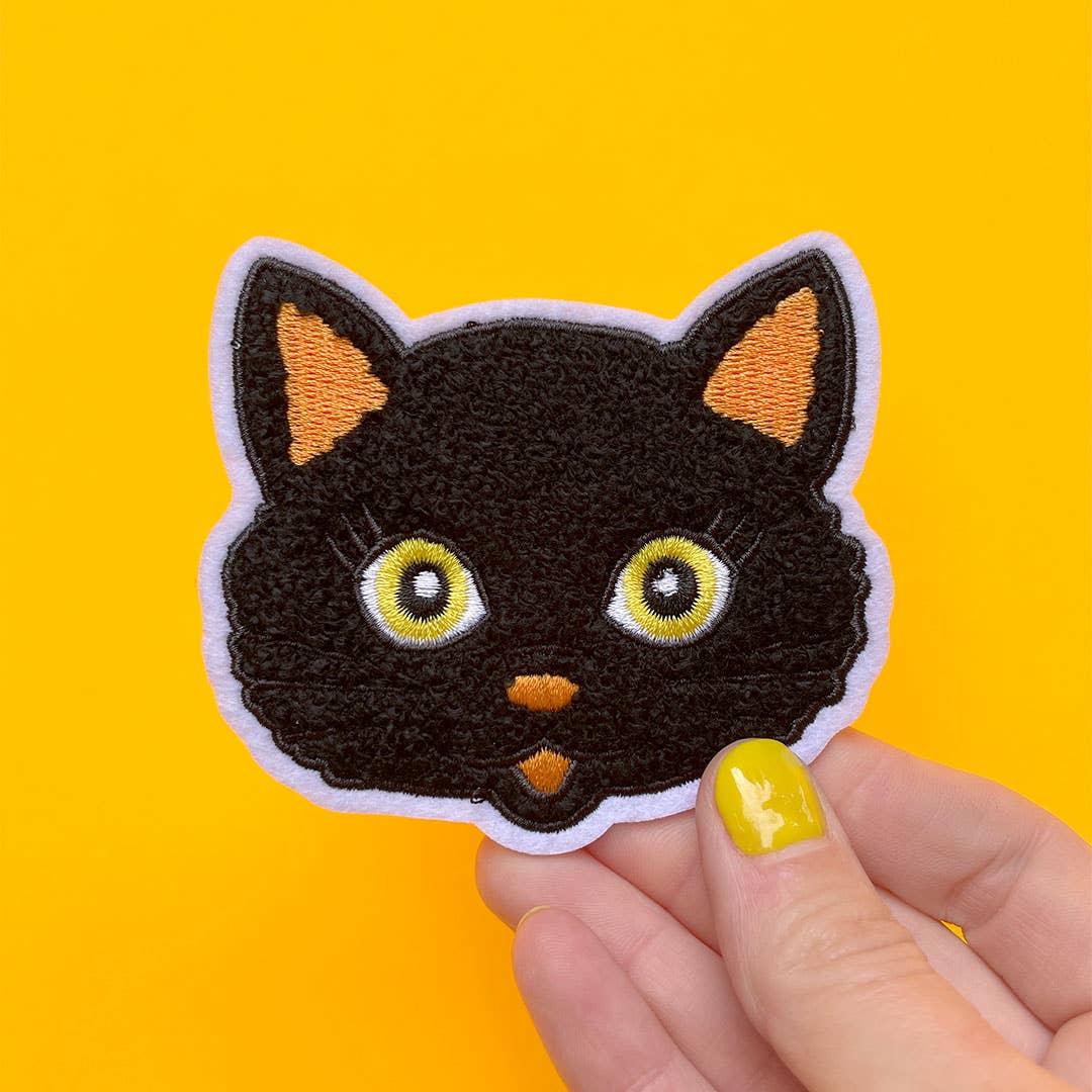 Black Cat Fuzzy Patch | 3.25" x 3" | Iron or Sew On