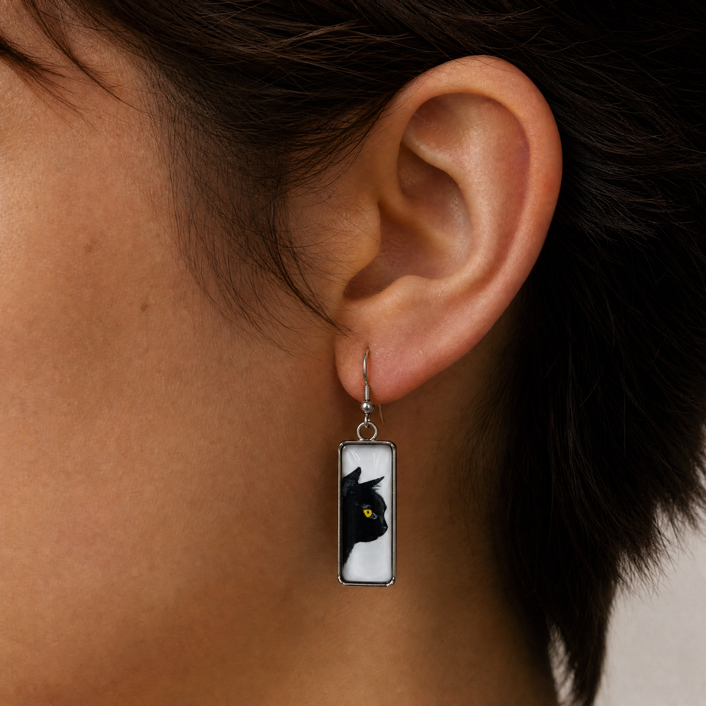 Black Cat Glass Bar Earrings | Unique Cat Lover Dangle Earrings