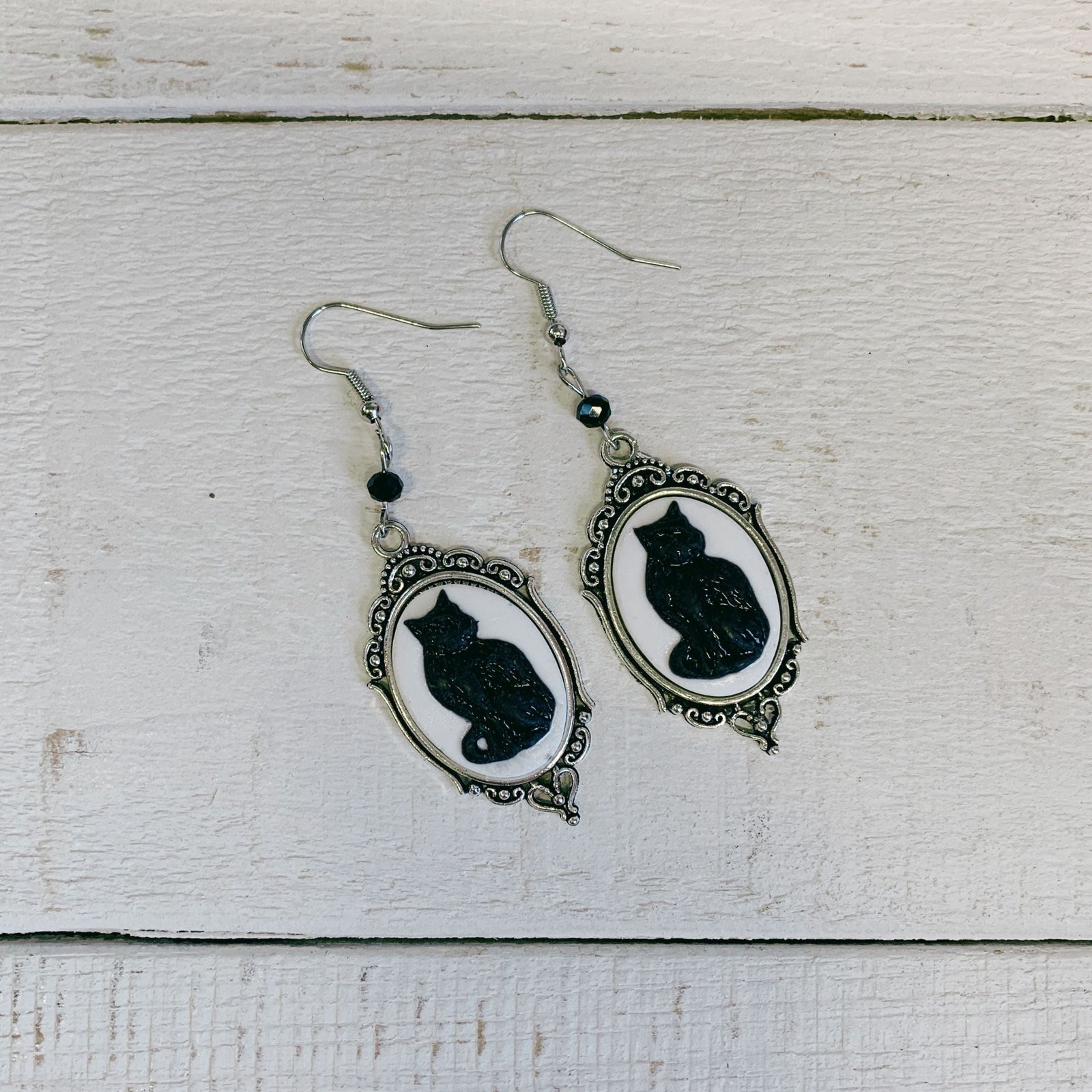 Black Cat Gothic Cameo Earrings