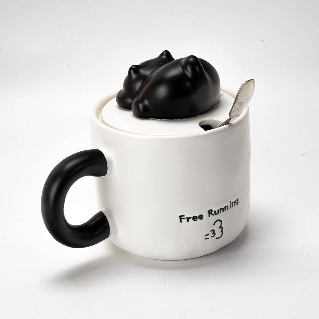 Black Cat Mug with Lid & Spoon | Stoneware Coffee Cup | Gift for Cat Lovers | 13oz