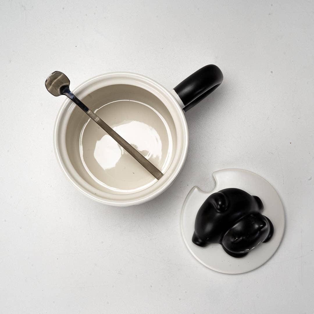 Black Cat Mug with Lid & Spoon | Stoneware Coffee Cup | Gift for Cat Lovers | 13oz