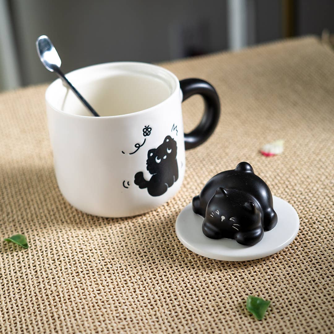 Black Cat Mug with Lid & Spoon | Stoneware Coffee Cup | Gift for Cat Lovers | 13oz