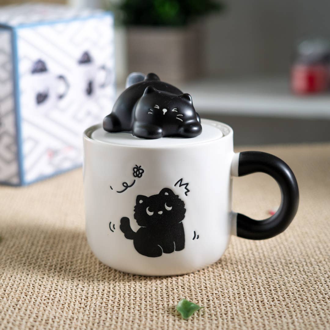 Black Cat Mug with Lid & Spoon | Stoneware Coffee Cup | Gift for Cat Lovers | 13oz