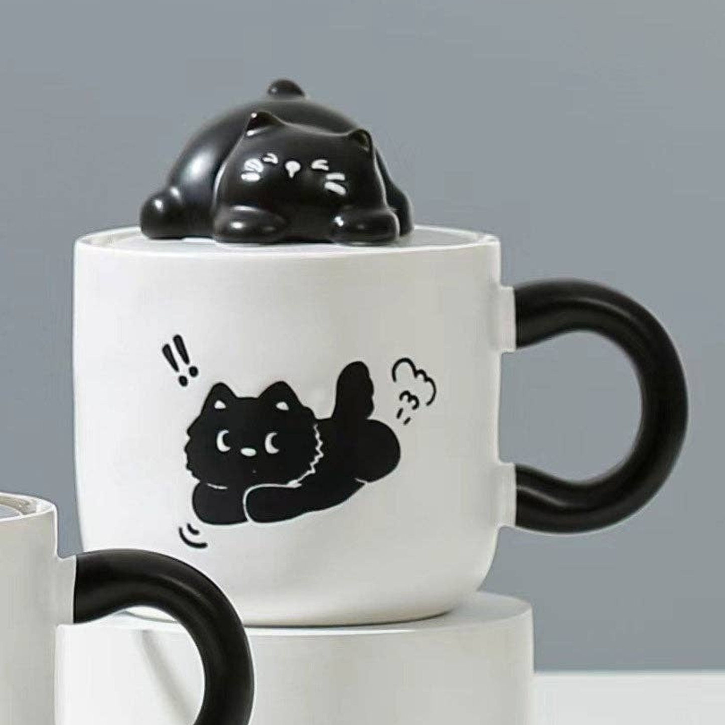 Black Cat Mug with Lid & Spoon | Stoneware Coffee Cup | Gift for Cat Lovers | 13oz