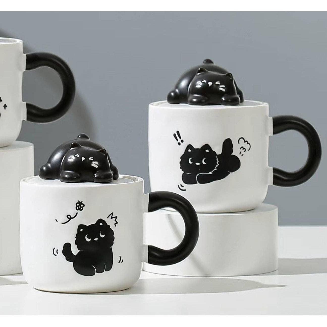 Black Cat Mug with Lid & Spoon | Stoneware Coffee Cup | Gift for Cat Lovers | 13oz