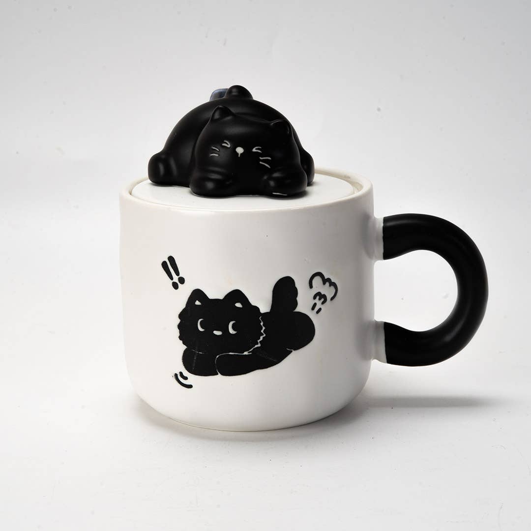 Black Cat Mug with Lid & Spoon | Stoneware Coffee Cup | Gift for Cat Lovers | 13oz