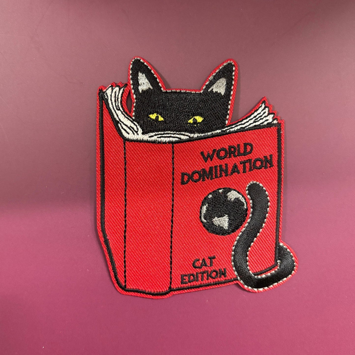 Black Cat Reading World Domination Patch | Funny Iron-On Embroidered Cat Patch