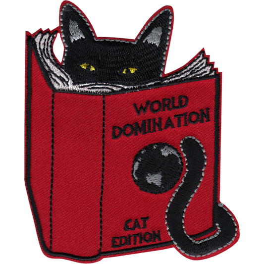 Black Cat Reading World Domination Patch | Funny Iron-On Embroidered Cat Patch