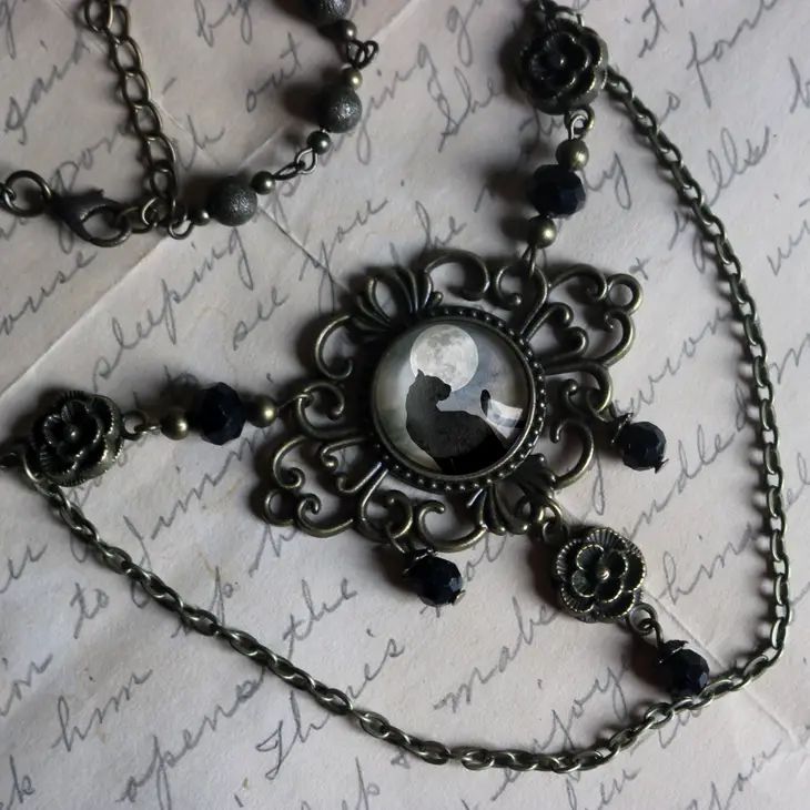 Black Cat and Full Moon Ornate Necklace | Goth Witchy | Handmade in the US