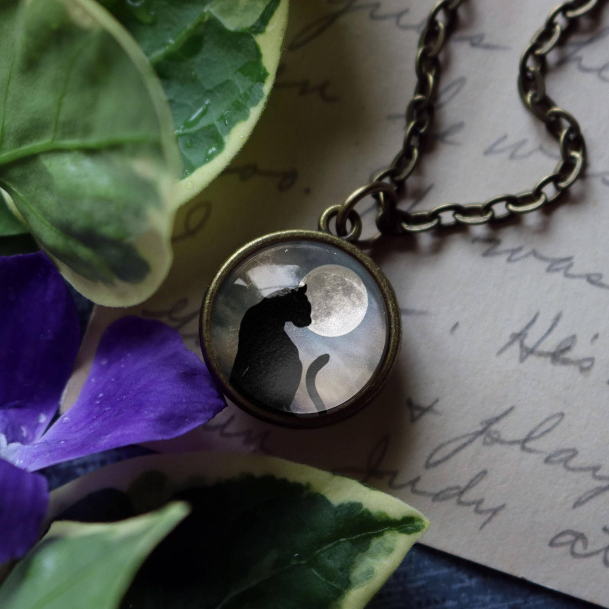 Black Cat and Full Moon Simple Reversible Pendant Necklace-Divine Iguana-The Bullish Store