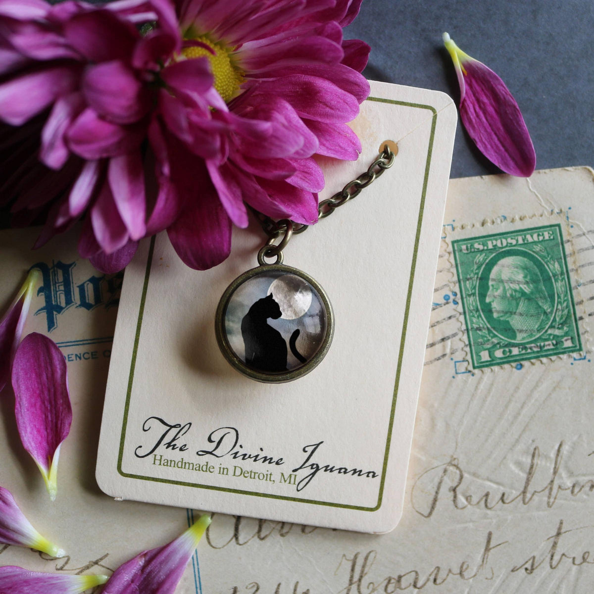 Black Cat and Full Moon Simple Reversible Pendant Necklace-Divine Iguana-The Bullish Store