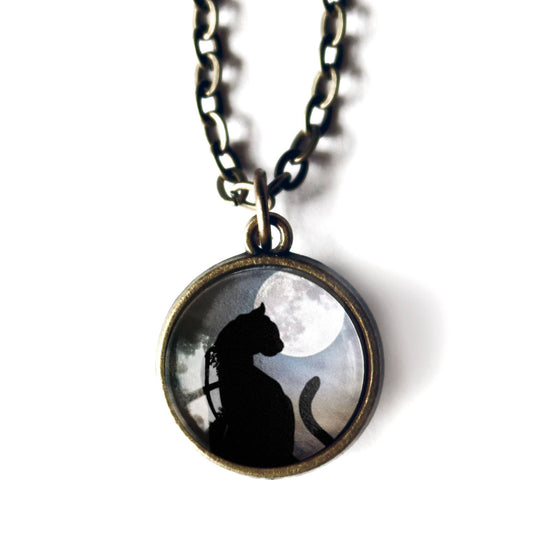 Black Cat and Full Moon Simple Reversible Pendant Necklace-Divine Iguana-The Bullish Store