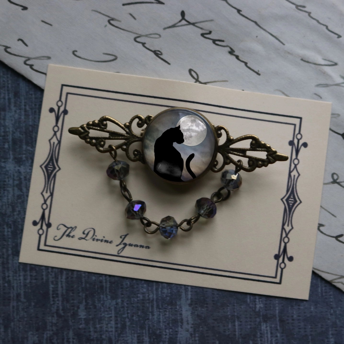 Black Cat and Moon Goth Bead and Filigree Brooch | Handmade in the US