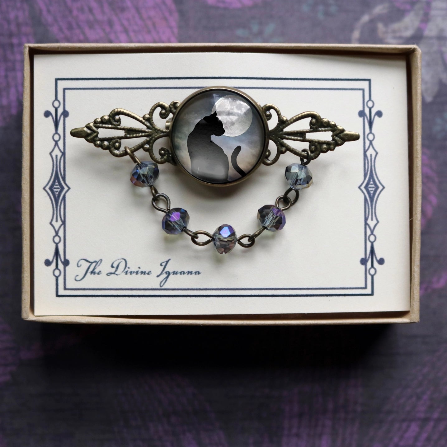 Black Cat and Moon Goth Bead and Filigree Brooch | Handmade in the US