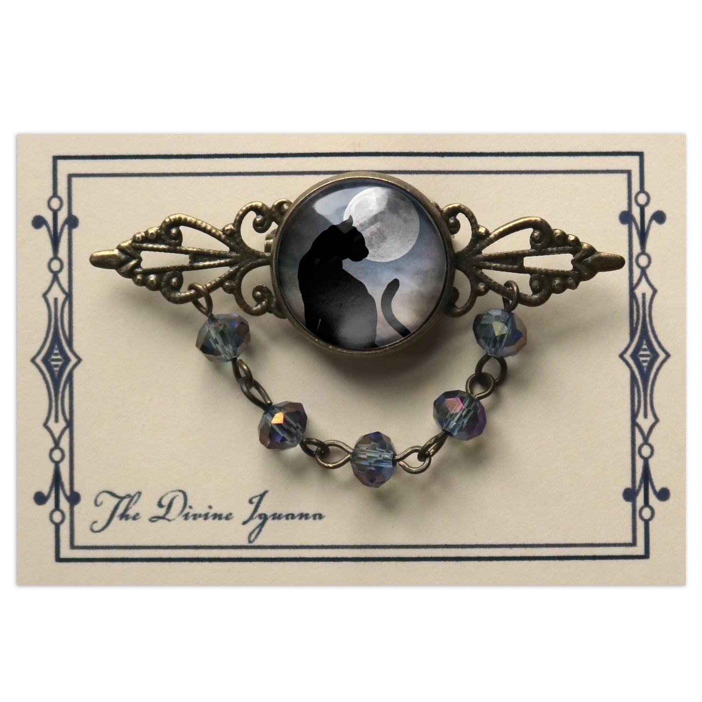 Black Cat and Moon Goth Bead and Filigree Brooch | Handmade in the US