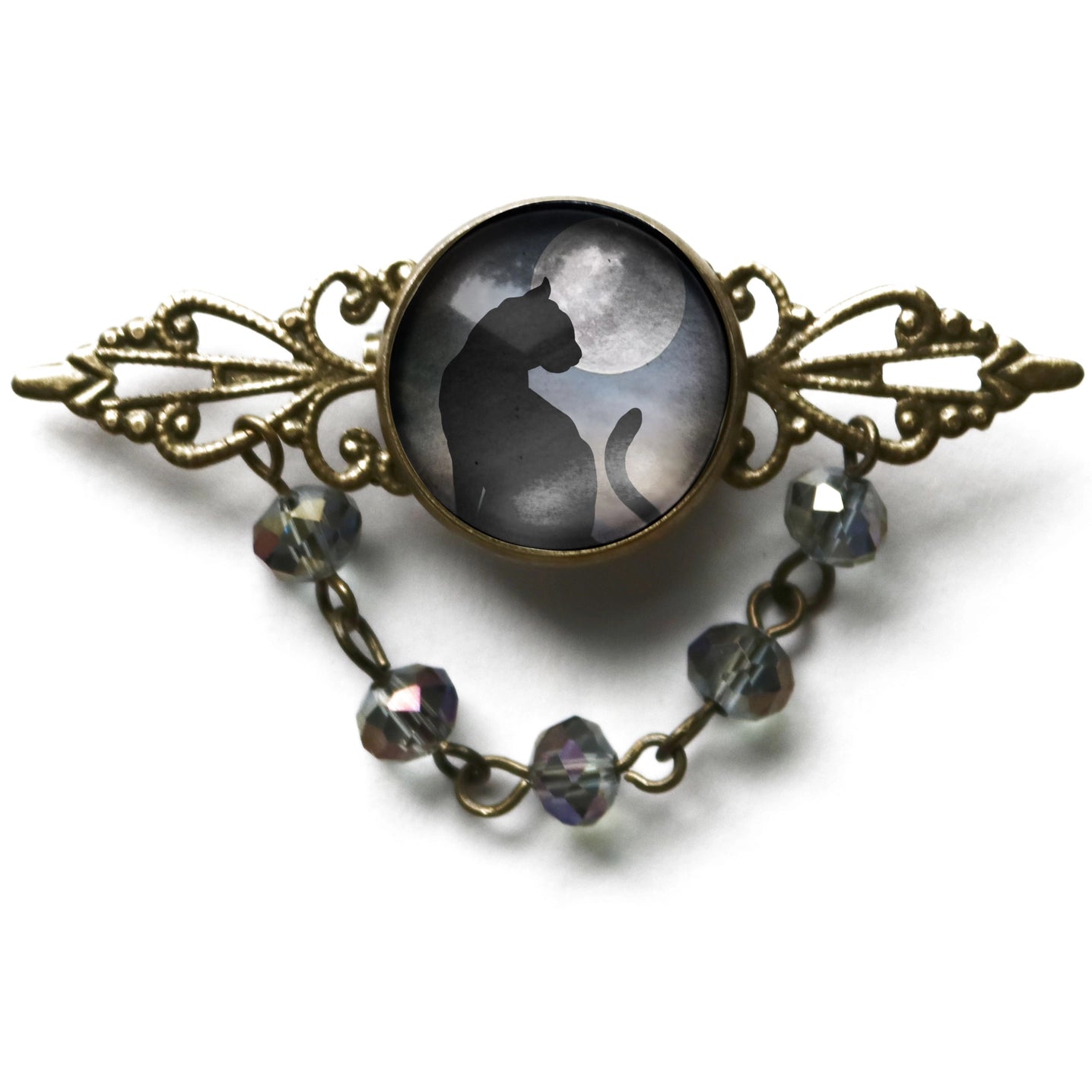 Black Cat and Moon Goth Bead and Filigree Brooch | Handmade in the US