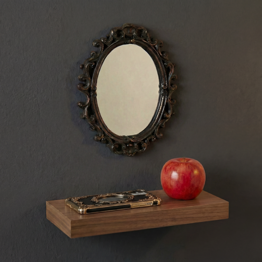 Black Filigree Mini Oval Mirror | Vintage Small Moody Gothic Wall Mirror  7.75" L x 6.25" W