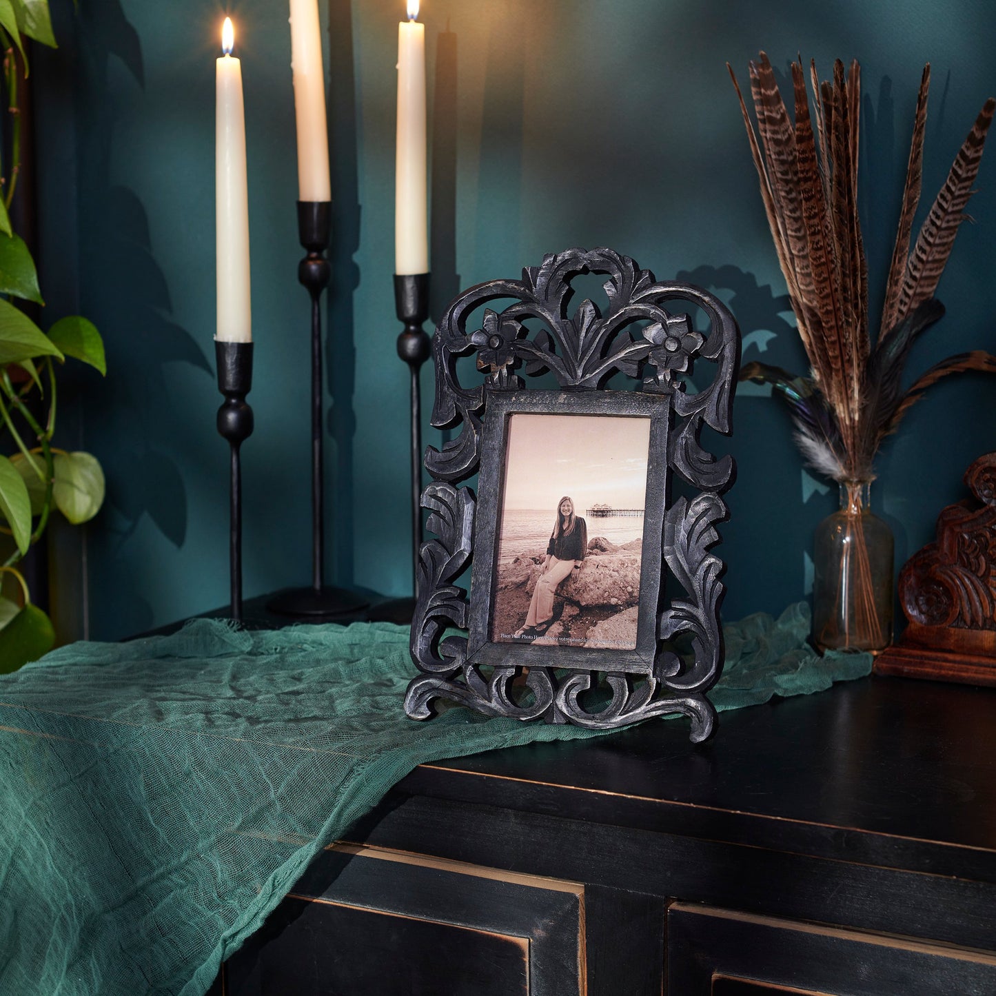Black Filigree Wood & Glass Photo Frame | Fits 4" x 6" | 8.5" x 13.5"