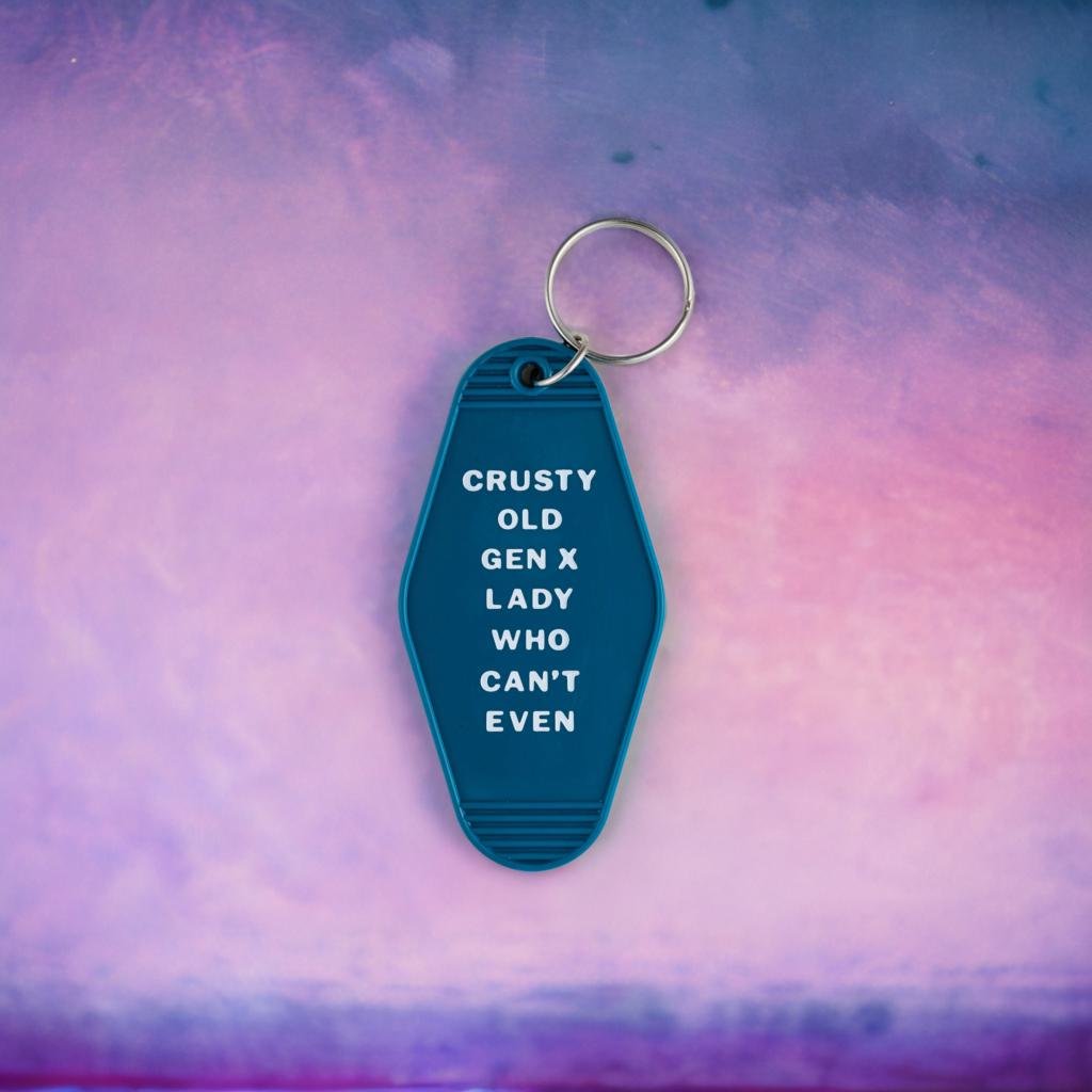 Black Friday Sale - Crusty Old Gen X Lady Who Can't Even Motel Keychain in Blue