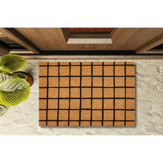 Black Grid Print Coir Fiber Doormat | Outdoor Garden Rug | 24" X 17"
