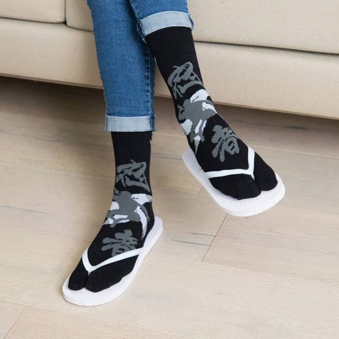 Black Ninja Split Toe Tabi Socks | Japanese Style Big Toe Crew Socks for Sandals & Flip Flops