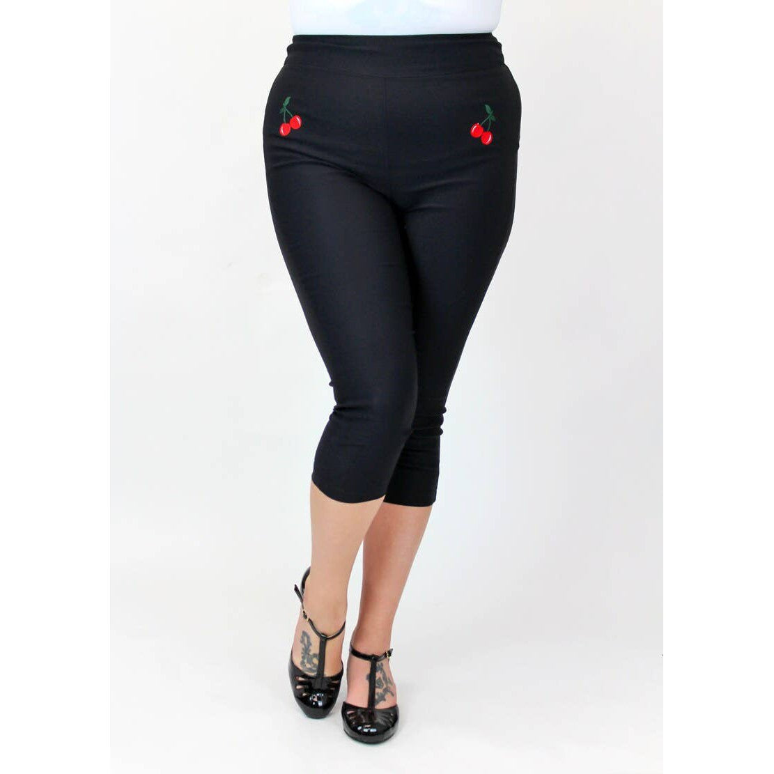 Black Pin Up High Waist Capri Pants with Embroidered Cherries [Available in Sizes SM-L]