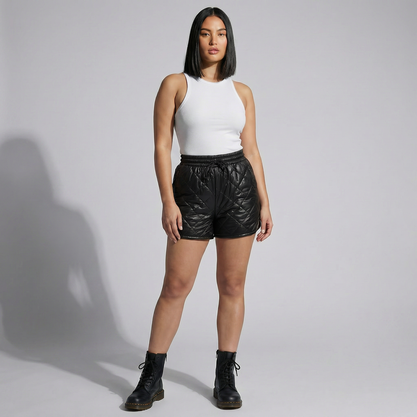 Black Puffer Shorts | Women’s Quilted Lined Shorts with Elastic Drawstring Waist & Pockets